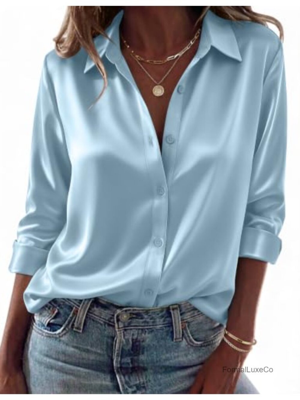Satin Silk Button Down Shirt Long Sleeve Dressy Blouse
